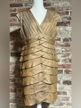 Adrianna Papell Metallic Gold Sleeveless Tiered Sheath Dress